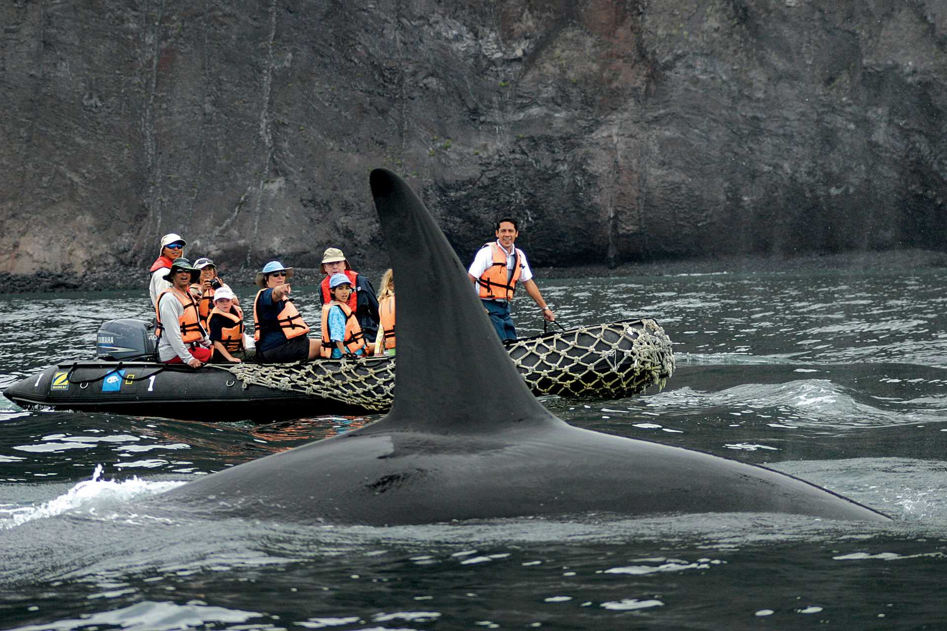 A young girl learns how to drive a Zodiac with the help of a naturalist.