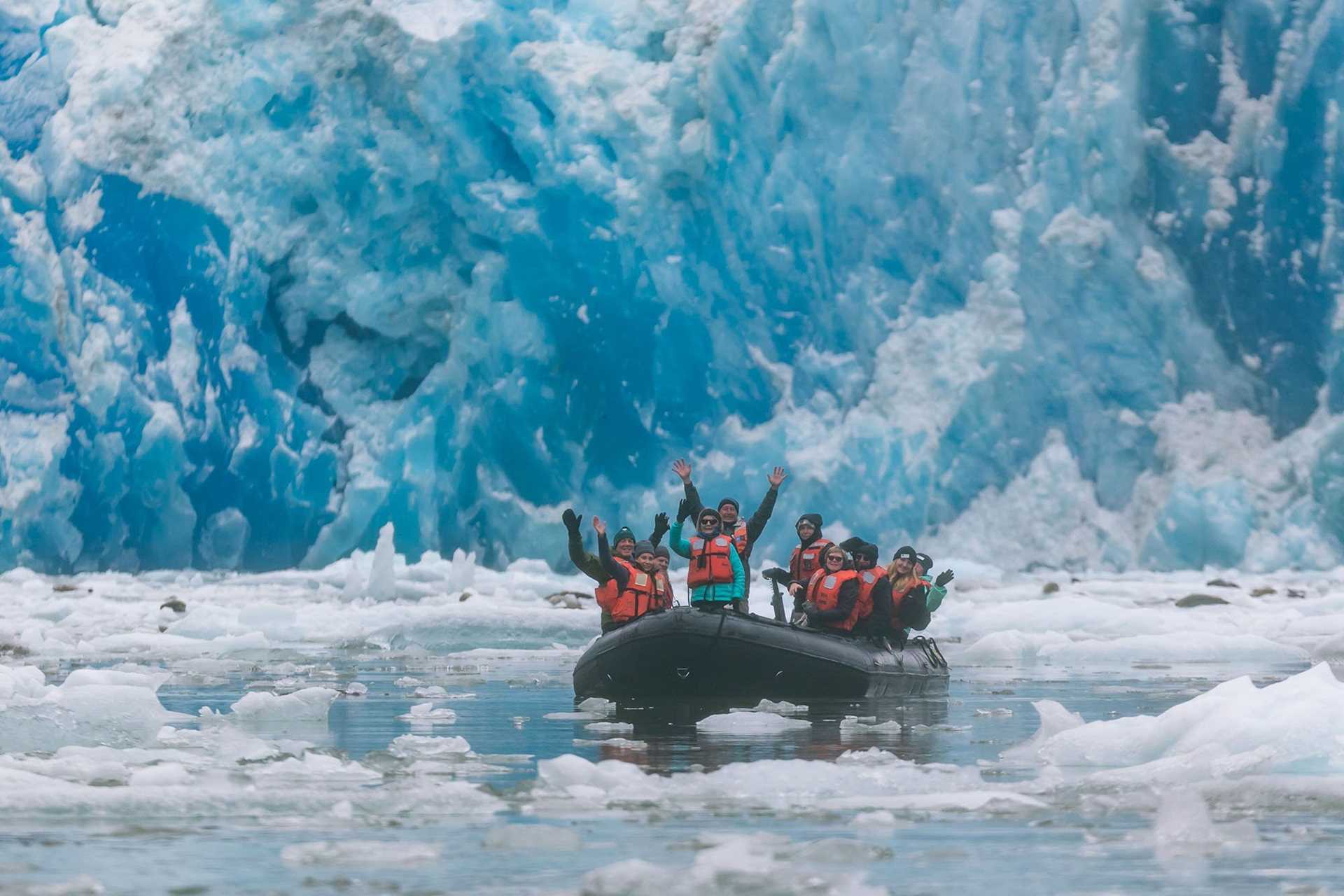 zodiac in front of glacier