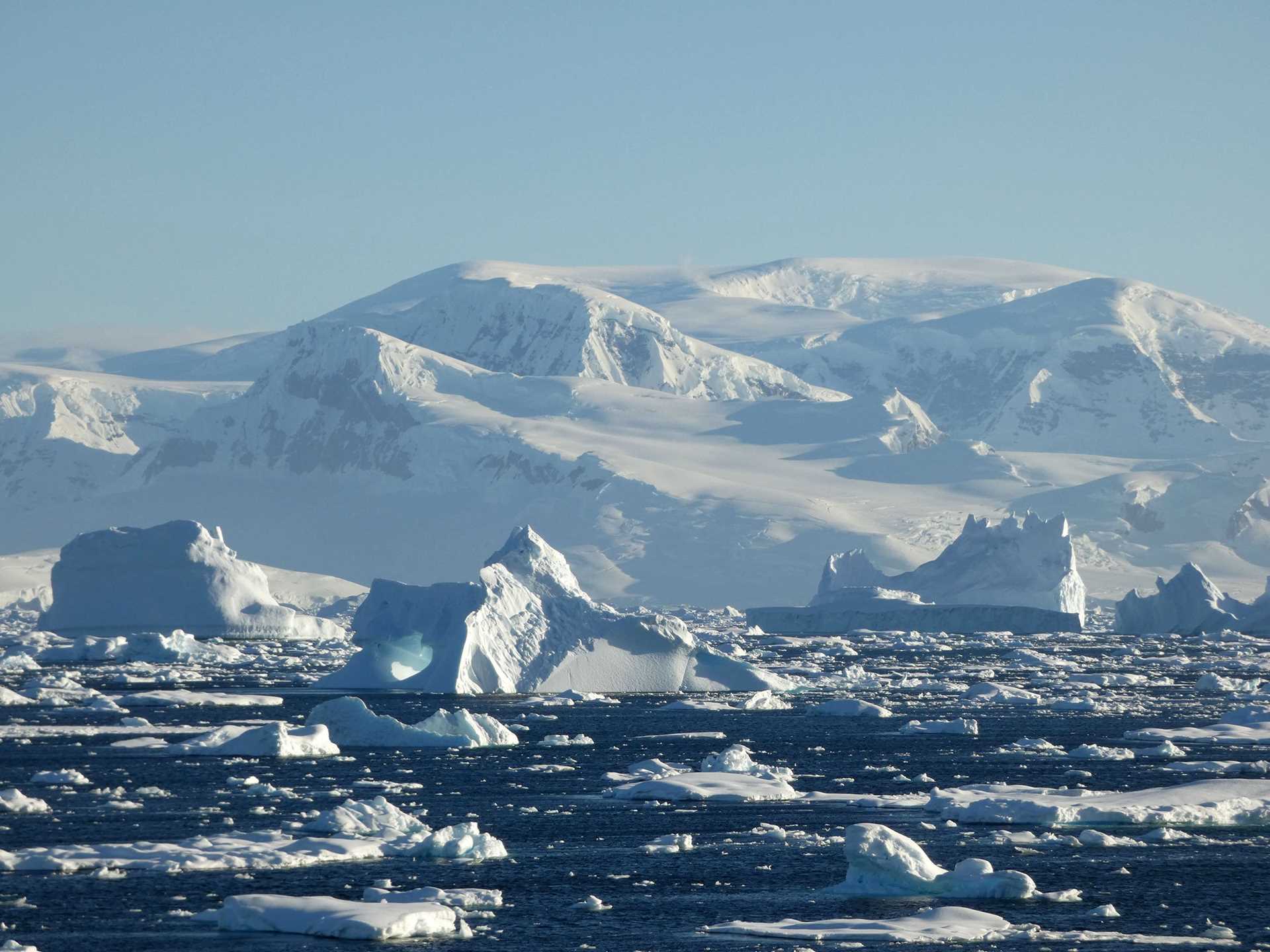 two ships meeting in front of icebergs