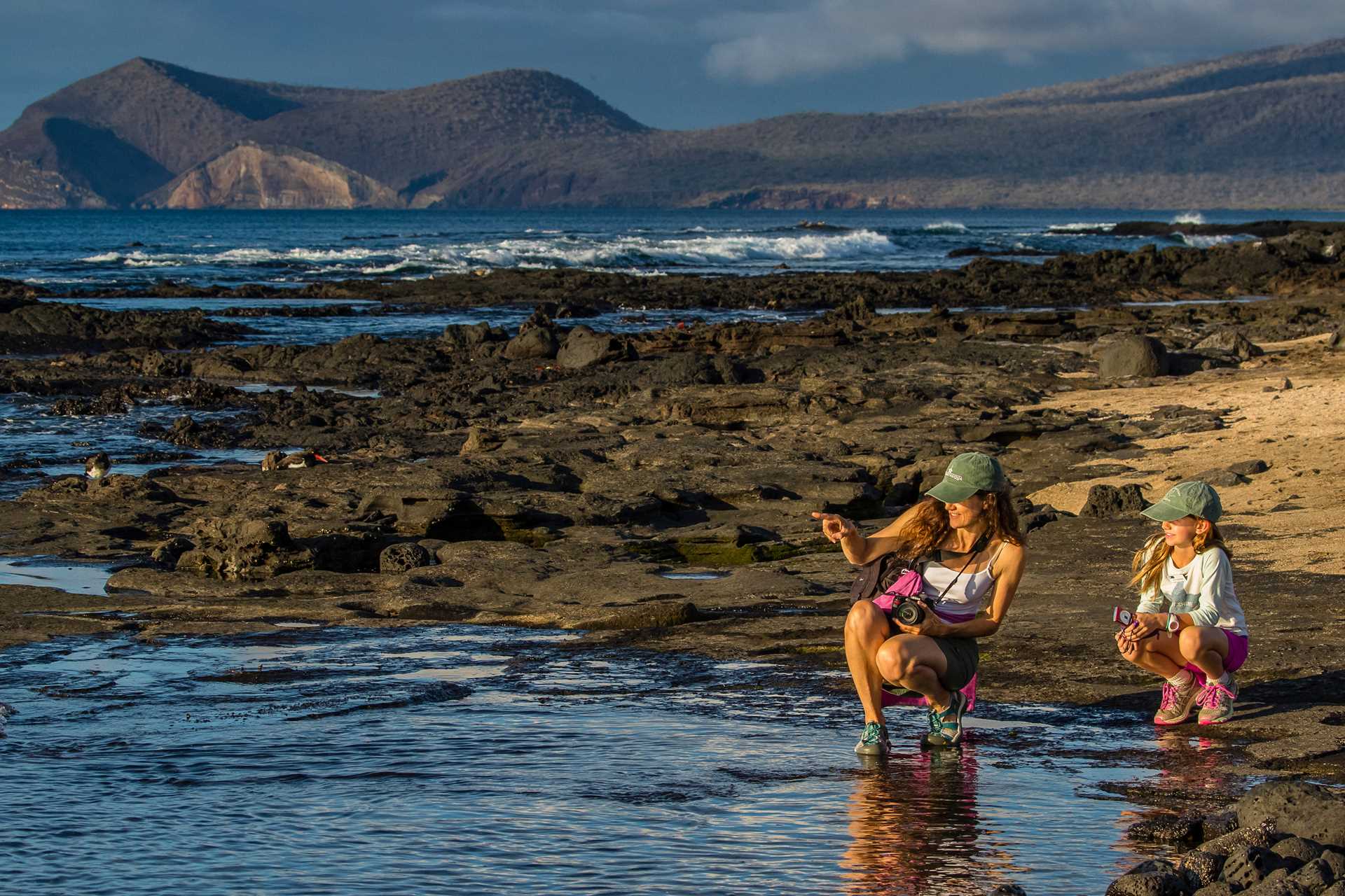 A mother and young explorer look for wildlife on the shores of Santiago Island.